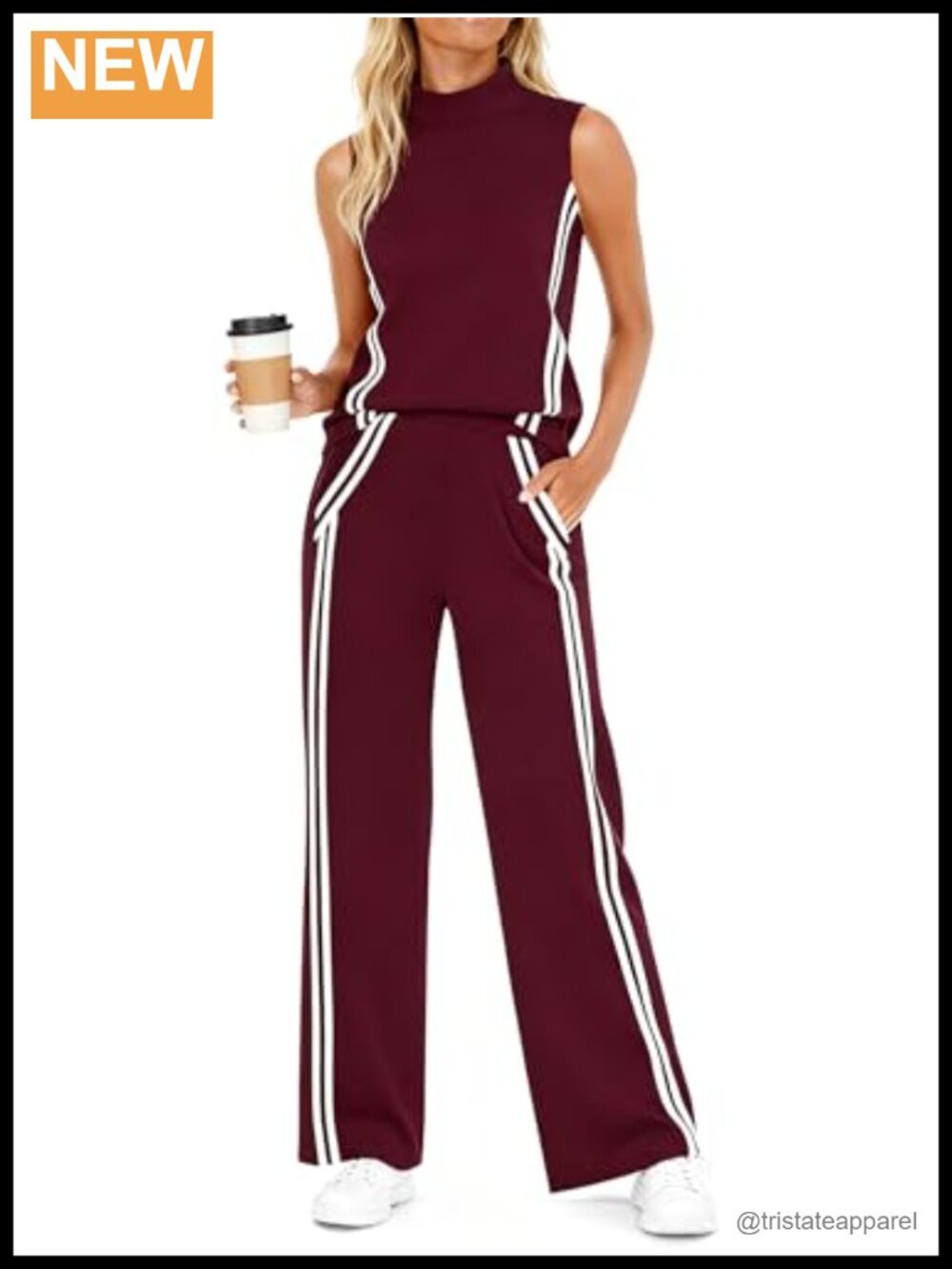 Womens 2 Piece Lounge Set Mock Neck Tank Wide Leg Pants Sweatsuit